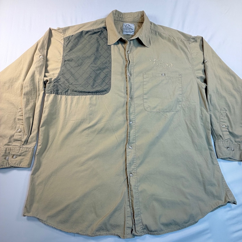 Ducks Unlimited Shirt Mens L Tan Shooting Patch Hunting Outdoor Roll Tab Sleeve